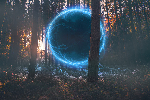 Magical portal in the forest, science fiction illustration