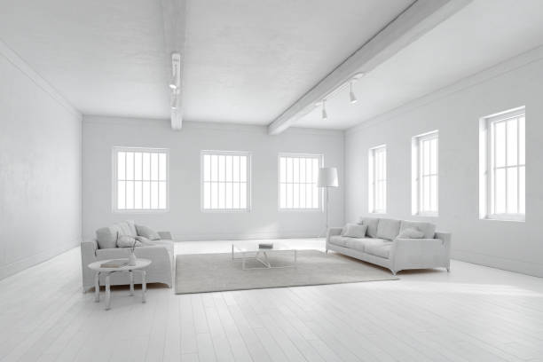 istock 3d rendering of white modern living room with sofa. 1350793161