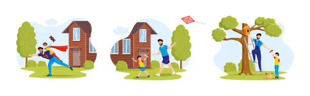 Vector illustration of Man and child in superhero costumes playing game together, hanging birdhouse on tree, run across field launching a kite in countryside.