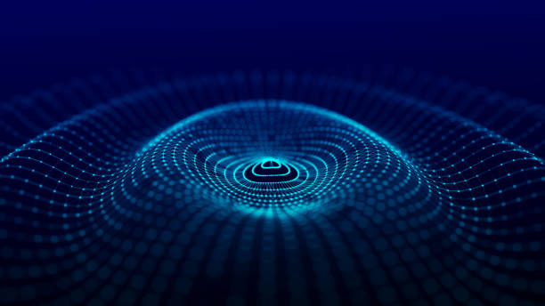 istock Futuristic wave. Dark cyberspace. Abstract sound wave with dots. White moving particles on a blue background. 3d rendering. 1350793752