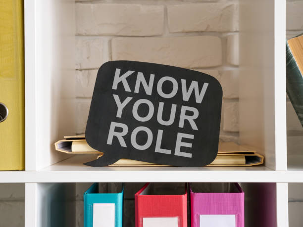 istock Shelves with folders and a sign know your role. 1350793885