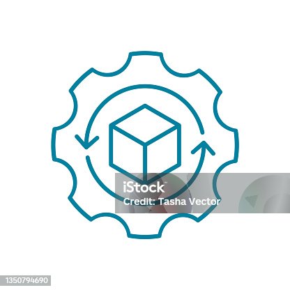 istock Product development line icon. Gear with product inside. Production process symbol. 1350794690