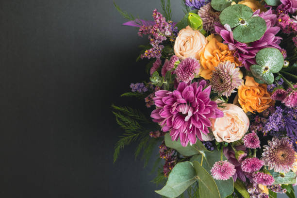 istock Colorful flower bouquet on gray background. 1350796210