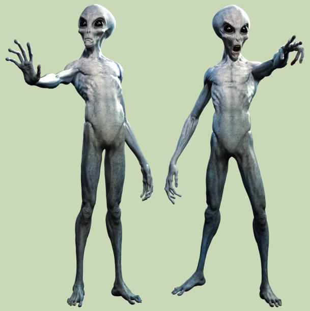 Grey aliens standing 3D illustration stock photo