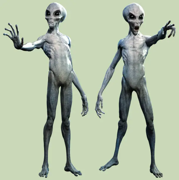 Grey aliens standing and communicating 3D illustration