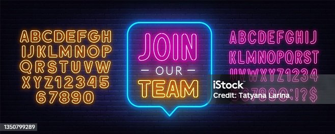 istock Join Our Team neon sign on a brick background. 1350799289