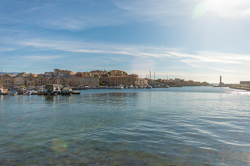 View on old Venetian harbor in Chania city on Crete island, Greece.