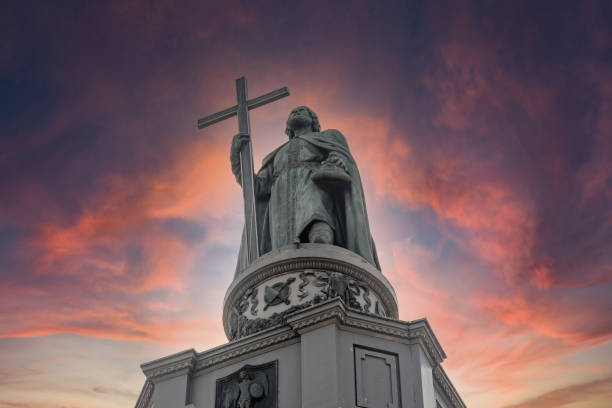 View of Volodymyr The Great monument historical statue with dramatic sky background in Kyiv city. View of Volodymyr The Great monument historical statue with dramatic sky background in Kyiv city. vladimir russia stock pictures, royalty-free photos & images