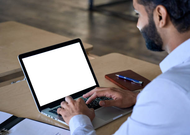 istock Over shoulder view of white blank empty mockup screen for advertising. 1350800609