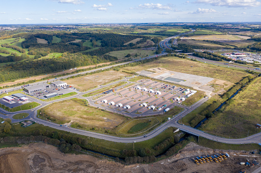 Aerial photo of the Covid-19 drive-through testing site in Leeds West Yorkshire showing the car park testing facilities and covid tents