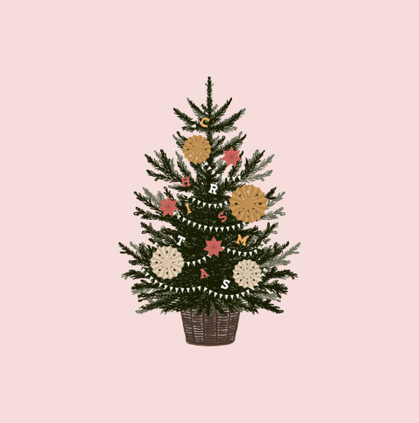bildbanksillustrationer, clip art samt tecknat material och ikoner med boho style christmas tree with the paper decorations. hygge fir-tree in a basket. rustic tree - hygge
