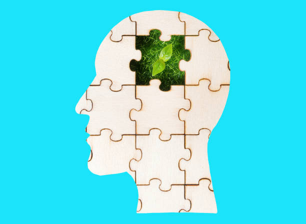istock Human head puzzle with a plant piece on blue 1350802910