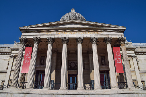 London, United Kingdom - September 22 2021: The National Gallery exterior daytime view, Trafalgar Square.