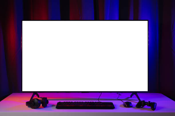 istock Blank screen display computer pc with gaming gear joystick mouse keyboard mouse. Gamer gadget background in game station. 1350804409