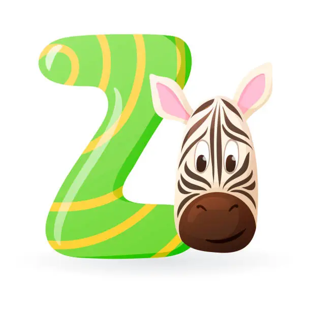 Vector illustration of Kids banner with english alphabet letter Z and cartoon image of striped zebra head