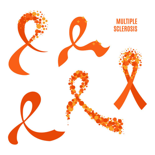 Multiple sclerosis awareness orange ribbon collection set Multiple sclerosis awareness ribbon collection set. Orange bows made of dots for support and solidarity concept. Medical concept. Vector illustration. sclerosis stock illustrations