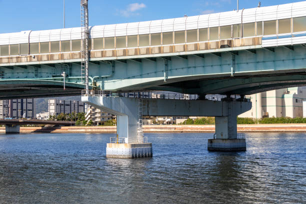 istock Highway bridge that straddles the blue water surface 1350808177