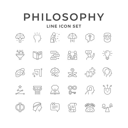 Set line icons of philosophy isolated on white. Ancient philosopher, book, column, puzzle, thinking, brain, mind, manuscript, education. Vector illustration