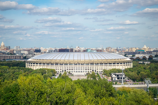 Moscow, Russia - August 26, 2019: Luzhniki stadium and city panorama