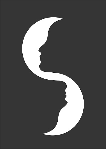 Two female faces poster. Mirror, reflection icon. Profiles of girl symbol. Vector illustration