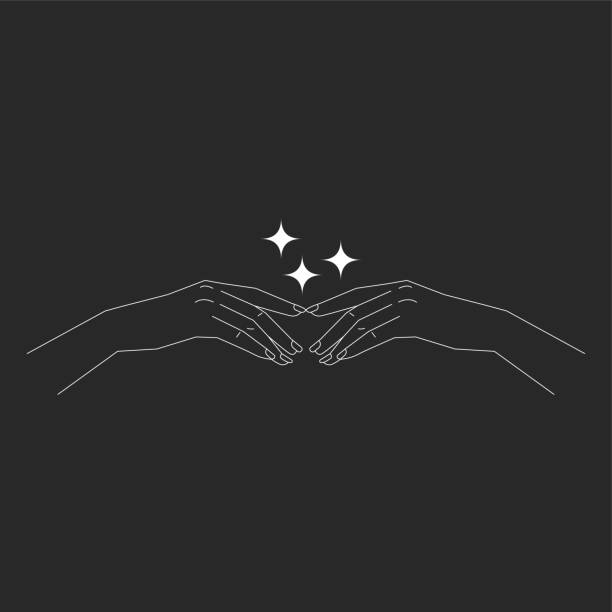 Womans hand and stars. Mystical boho icon Womans hand and stars. Mystical boho icon. Thin line illustration in bohemian style. Witchcraft symbol dream believe tattoo stock illustrations