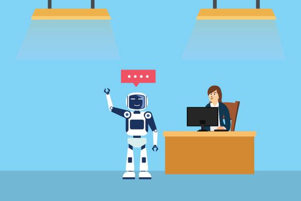 istock Businesswoman controlling robot to work in office 1350812142