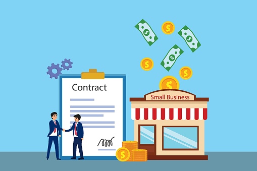 Contract vector concept. Two businessmen shaking hands near the cooperation contract while standing with small business store