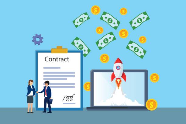 Two people shaking hands near flying rocket Contract vector concept. Two business people shaking hands near the cooperation contract while standing with rocket flying out from laptop screen borrowing stock illustrations