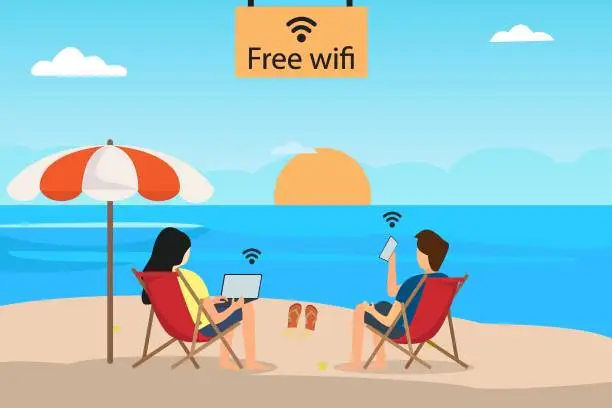 Vector illustration of Two young people connecting wifi at the beach