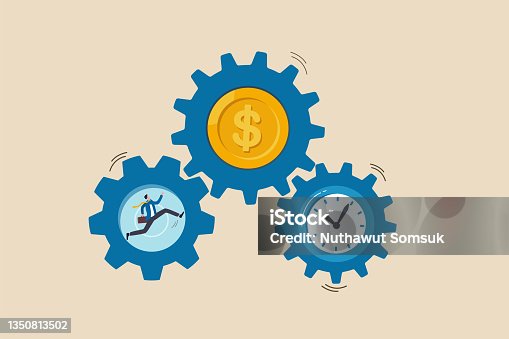 istock Effort and time to make money, success long term investment, deadline effect to make people finish work concept, businessman running with full effort inside gear cogs to spin time and money gears. 1350813502