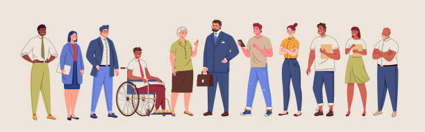 Social inclusion, diversity and equality concept. Old and young men and women, disabled people in wheelchair standing together. Social inclusion, diversity and equality concept. Vector flat cartoon illustration with characters. age diversity stock illustrations