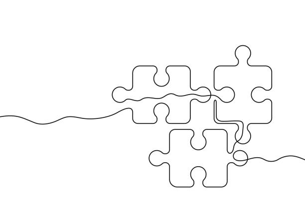 illustrations, cliparts, dessins animés et icônes de trois pièces de puzzle d’une ligne continue tracées. une ligne dessinée à la main d’élément de puzzle. vecteur - puzzle jigsaw piece teamwork jigsaw puzzle