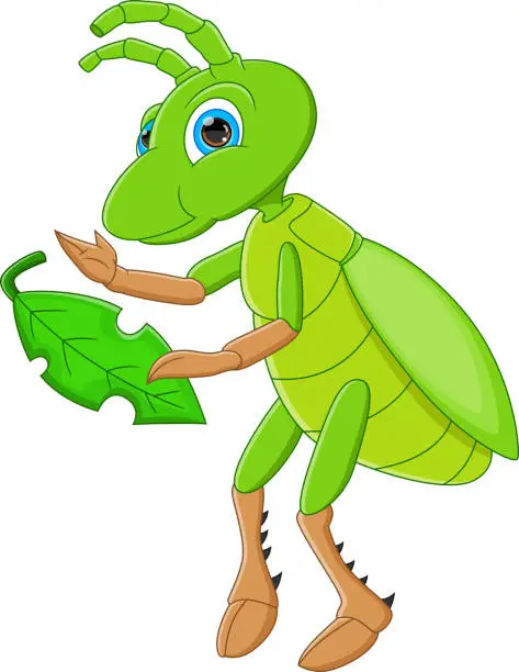 Vector illustration of cute cartoon grasshopper eating leaves