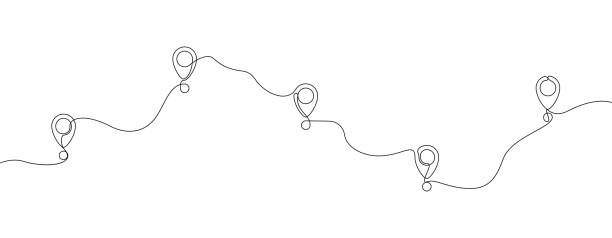 Continuous one line drawing of map location pointers. Map pin or navigation pointer with single line route or way. Vector Continuous one line drawing of map location pointers. Map pin or navigation pointer with single line route or way. Vector illustration. map markers and pins stock illustrations