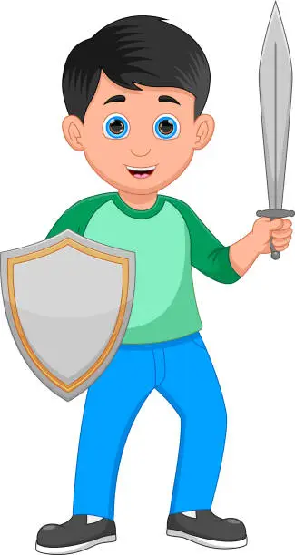 Vector illustration of cute boy holding sword and shield