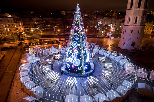 Christmas Tree in Vilnius, Lithuania. One of the best and beautiful Christmas City in Europe. Vilnius Old Town, Downtown.
