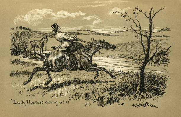 Woman riding side saddle an out of control horse towards a river, Victorian Vintage illustration of Woman riding side saddle an out of control horse towards a river. From Scamper's Luck by George F Underhill pulling reins stock illustrations