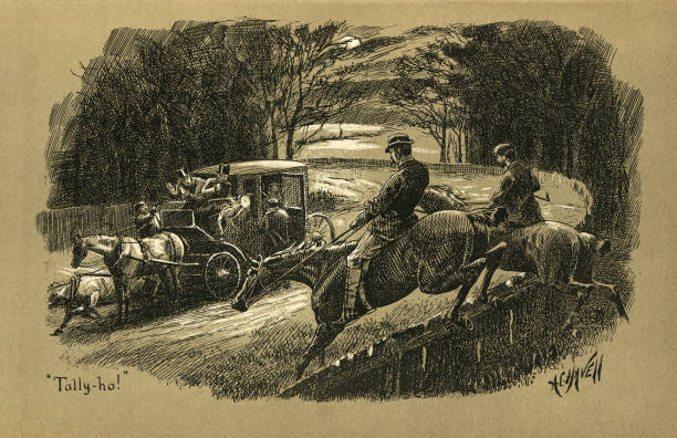 Vintage illustration of riders to the rescue, stopping highwaymen robbing a coach. From Scamper's Luck by George F Underhill
