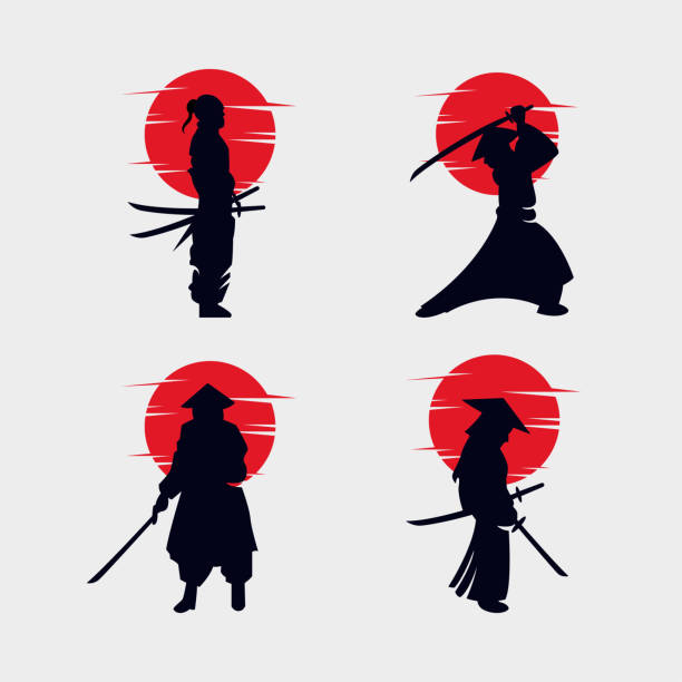 illustrations, cliparts, dessins animés et icônes de ensemble de conception de silhouette de logo de samouraï - guerrier
