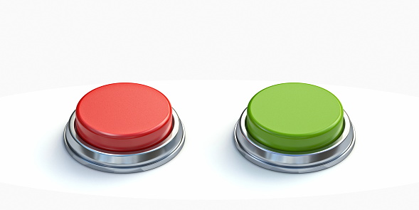 Red and green buttons made of metal and plastic 3D rendering illustration isolated on white background