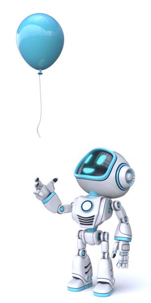 istock Cute blue robot look at flying balloon 3D 1350820492