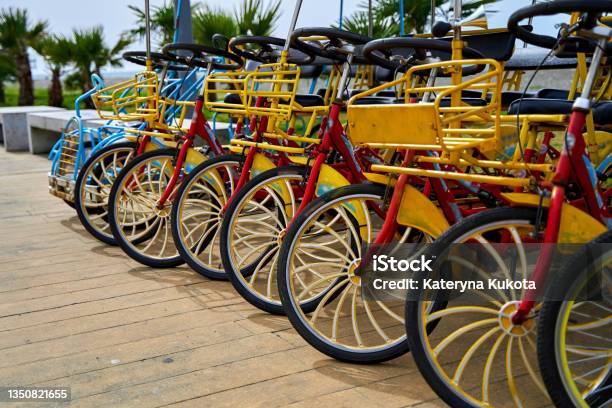 Bicycle Rental For Cycling Along The Embankment Bicycle Parking For The Whole Family Stock Photo - Download Image Now