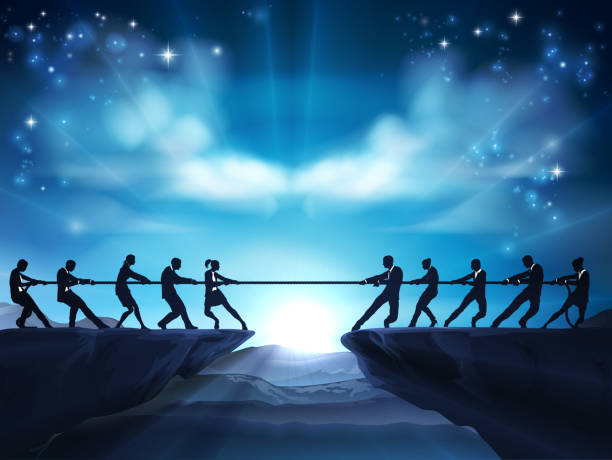 Tug of War Rope Pulling Silhouette Business People A tug of war rope pulling silhouette business people concept with teams struggling against each other on a cliff top war stock illustrations