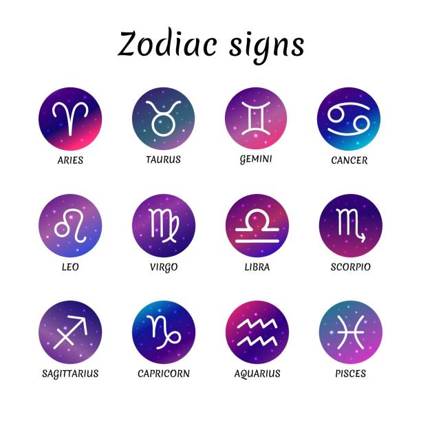 ilustrações, clipart, desenhos animados e ícones de signos do zodíaco. conjunto vetorial. elementos astrológicos com estrelas brilhantes isolados. símbolos do zodíaco na retroescacão do céu estrelado - fire sign computer icon symbol