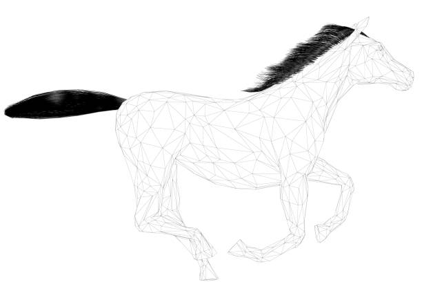 istock Wireframe of a galloping horse from black lines isolated on white background. Side view. 3D. Vector illustration 1350825355
