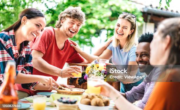 Happy Young Men And Women Toasting Healthy Orange Fruit Juice At Farm House Picnic Life Style Concept With Alternative Friends Having Fun Together On Afternoon Relax Time Bright Vivid Filter Stock Photo - Download Image Now