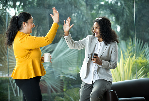 Two happy businesswomen celebrating success by giving high five to each other at office