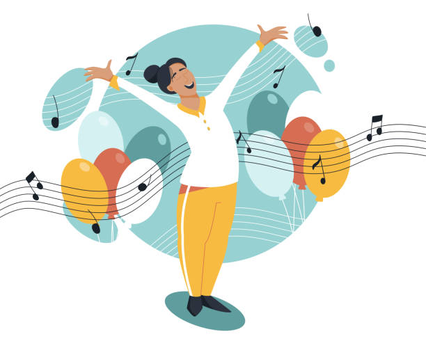 istock Happy smiling woman with raised hands vector flat cartoon illustration. Cute girl surrounded by notes and air balloons. 1350828533
