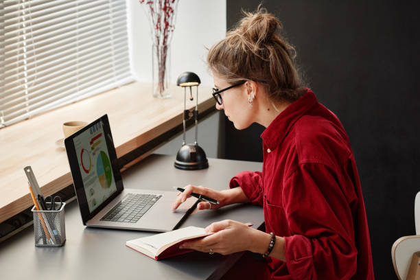 istock Woman working with charts online 1350829259