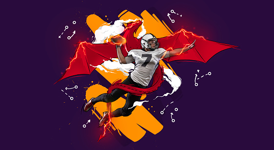 Flying. Power, energy and speed. Young man, american football player in action, motion isolated in dark neon background with red dragon picture. Bright art collage. Concept of sport, achievements